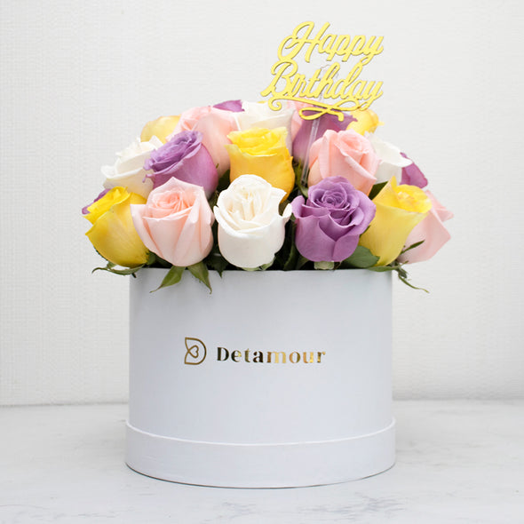 Hat box - 36 Rosas multicolor Cumpleaños