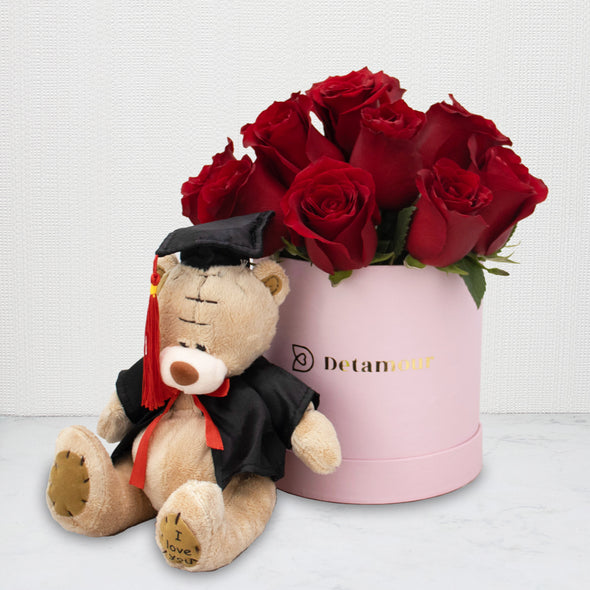 Hat box - 15 Rosas y oso Teddy graduado