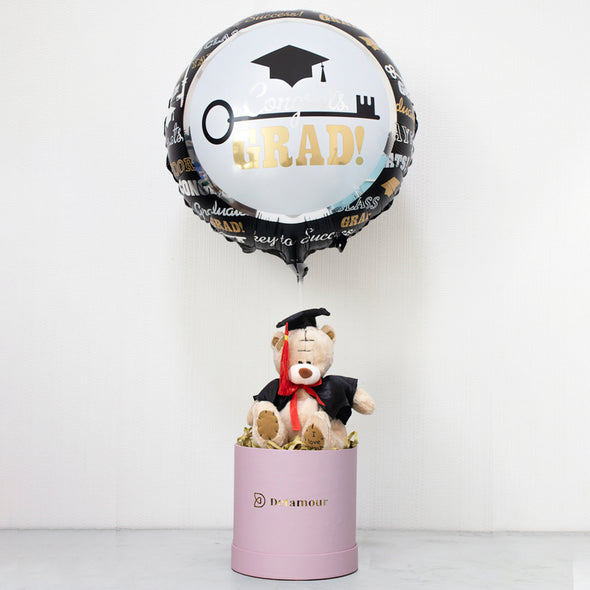 Hat box - Oso Teddy graduado y globo metálico