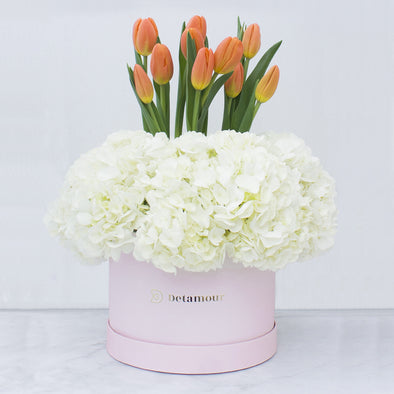 Hat box - 10 tulipanes & hortensias