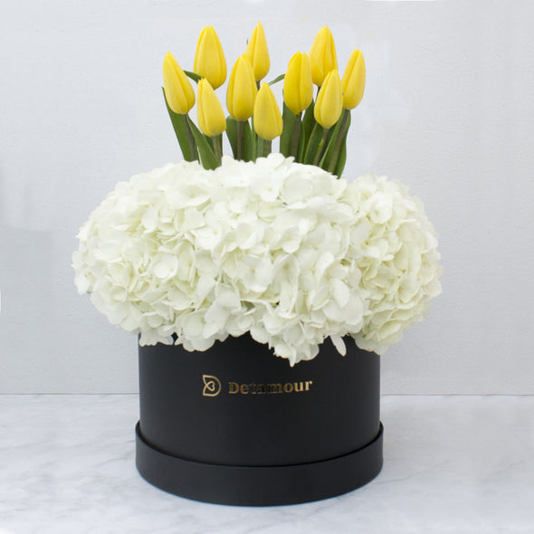 Hat box - 10 tulipanes & hortensias