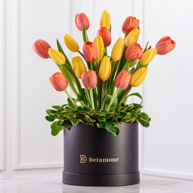 Hat box - 20 tulipanes & follaje